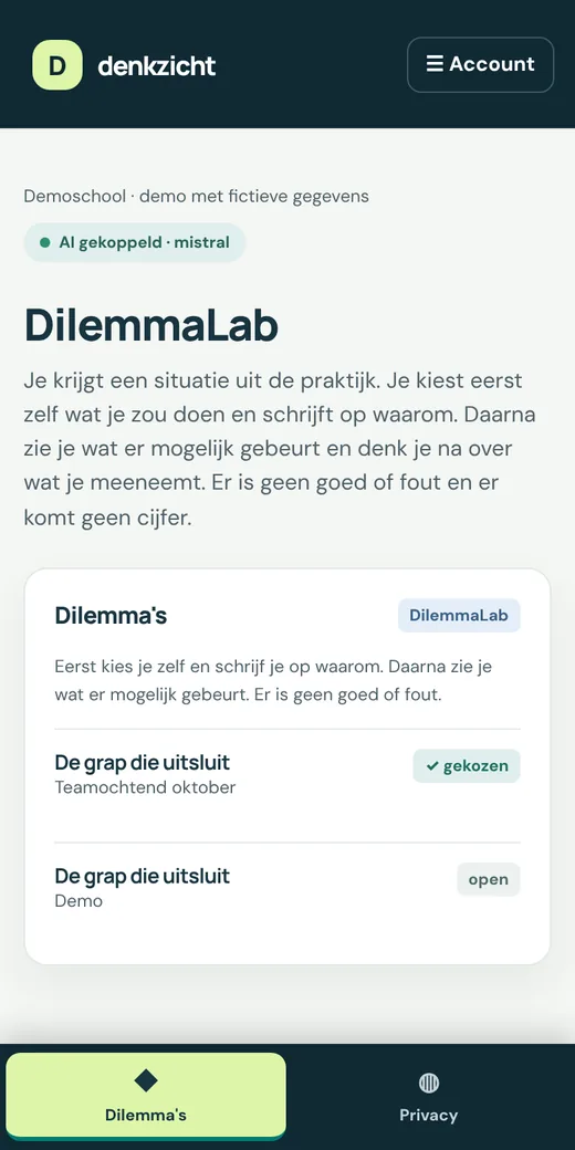 Overzicht van de dilemma's van een deelnemer, met de status gekozen of open