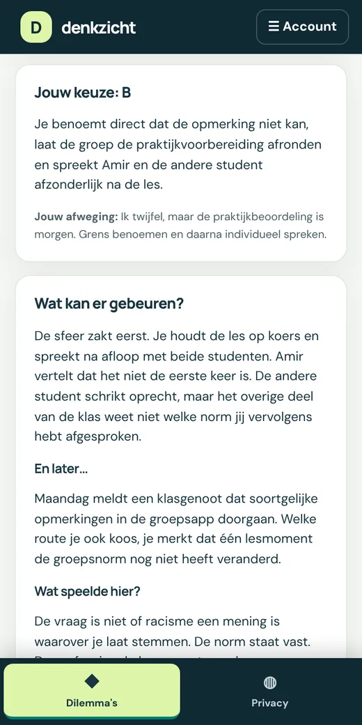 Telefoonscherm met de gekozen route, het mogelijke gevolg en wat er later gebeurt