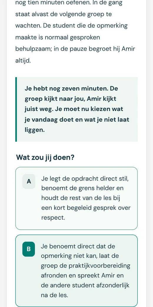 De casus op een telefoon: de situatie en de vier keuzes, waarvan er één is aangeklikt
