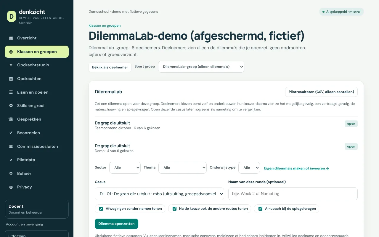 De begeleider kiest een casus en filtert op sector, thema en onderwijstype