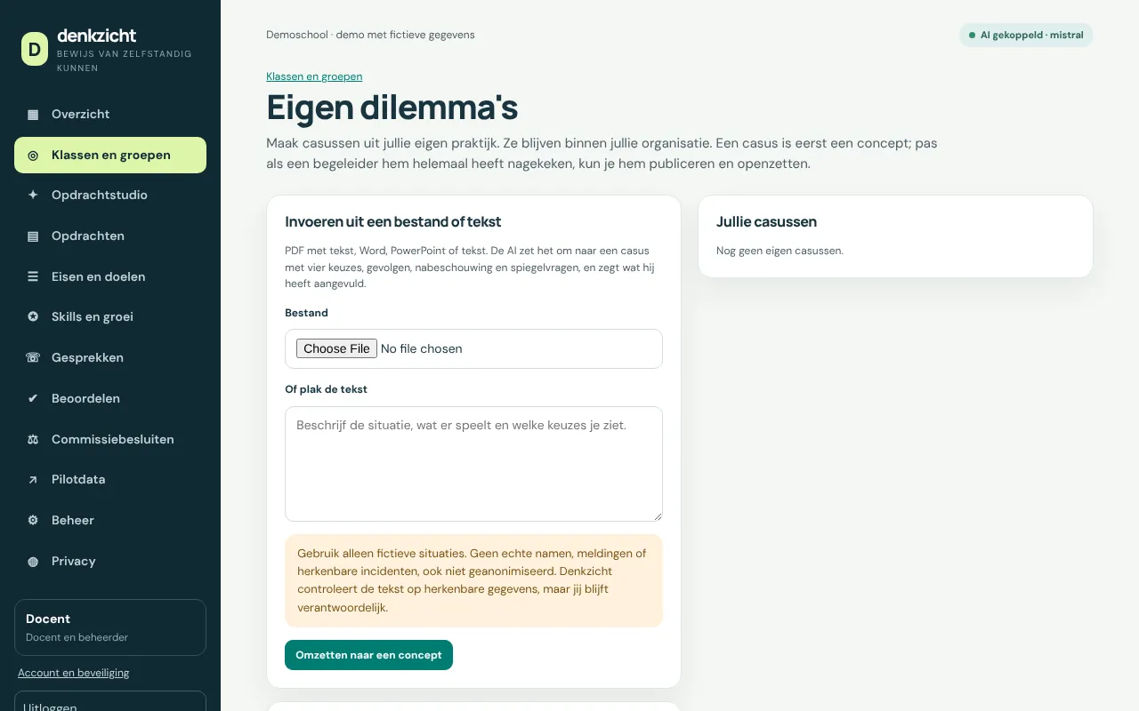 Scherm om een eigen dilemma in te voeren uit een bestand of tekst